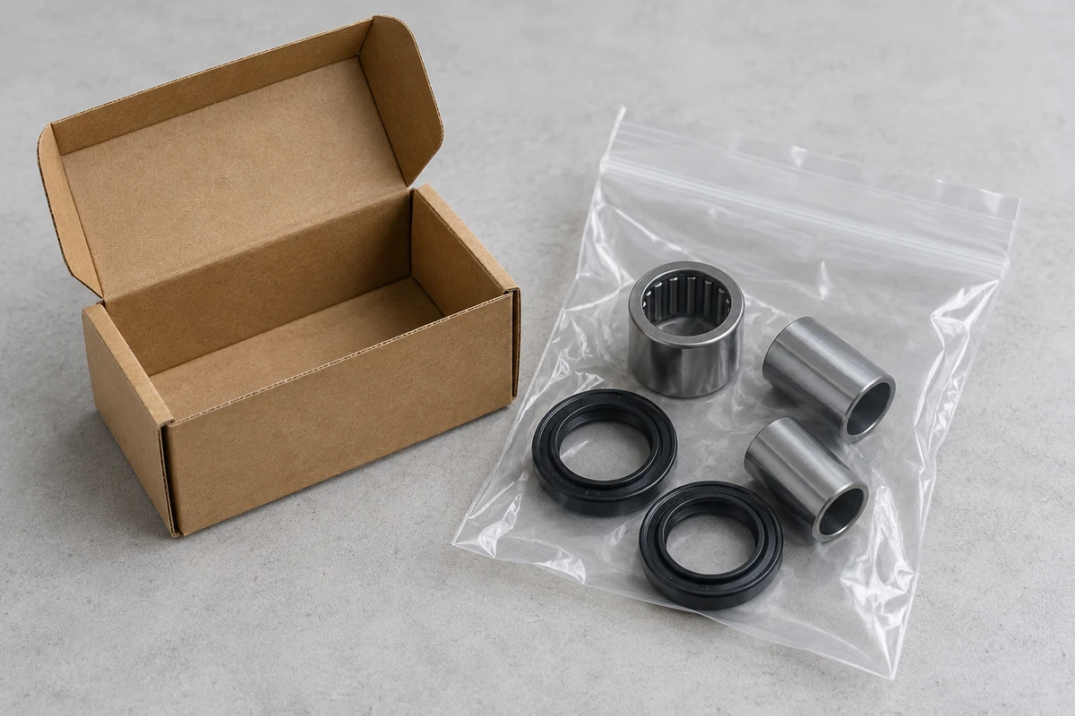 A clear bag containing metal cylindrical components and black rings beside an open cardboard box.