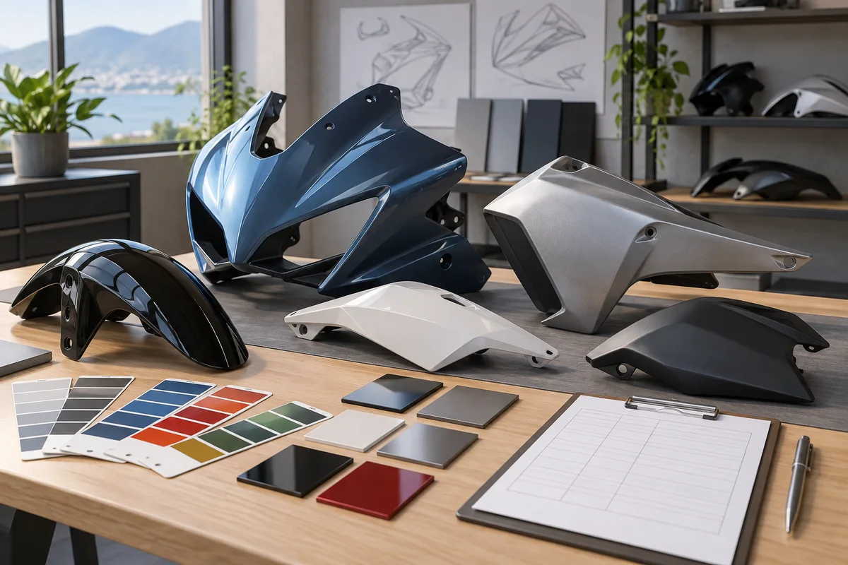 Motorcycle body panels beside finish and colour samples.