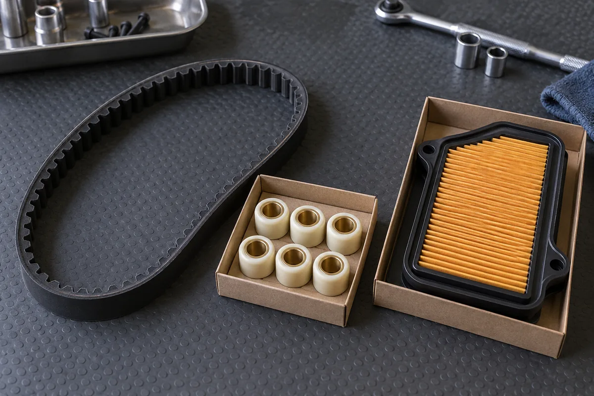 A scooter drive belt, six variator rollers and a pleated air filter arranged in separate trays.